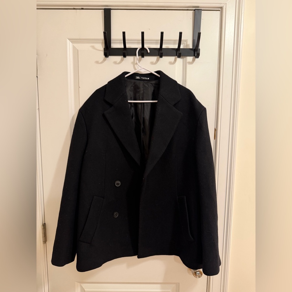 Zara Black Double-Breasted Wool Pea Coat - Never Worn!